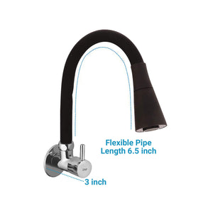 ZAP FX19002 Brass Kitchen Sink Tap – 6.5 Inch Flexible Black Silicone Spout | Dual Flow Swivel Faucet | Black & Chrome Finish | Wall Mounted Hot & Cold Tap