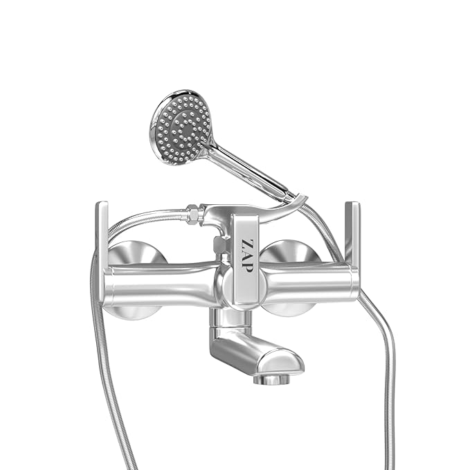 ZAP Ultra Cube Series 2-in-1 Wall Mixer with Crutch | Brass Body with Multi-Flow Hand Shower & 1.5 Meter Stainless Steel Hose Pipe | Chrome Finish Bathroom Fitting