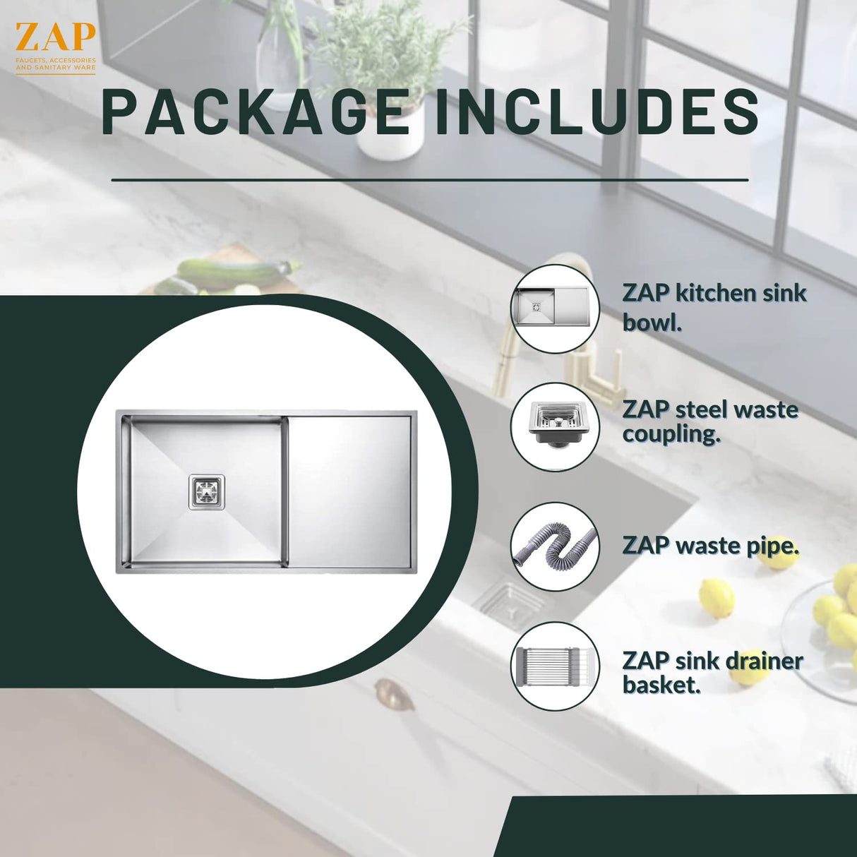 ZAP Millennium Series 304 Grade Stainless Steel Single Bowl Kitchen Sink with Drain Board | 37x18 Inch | All-in-One Waste Kit – Waste Coupling, Pipe & Basket Drainer | Rust-Resistant & Durable