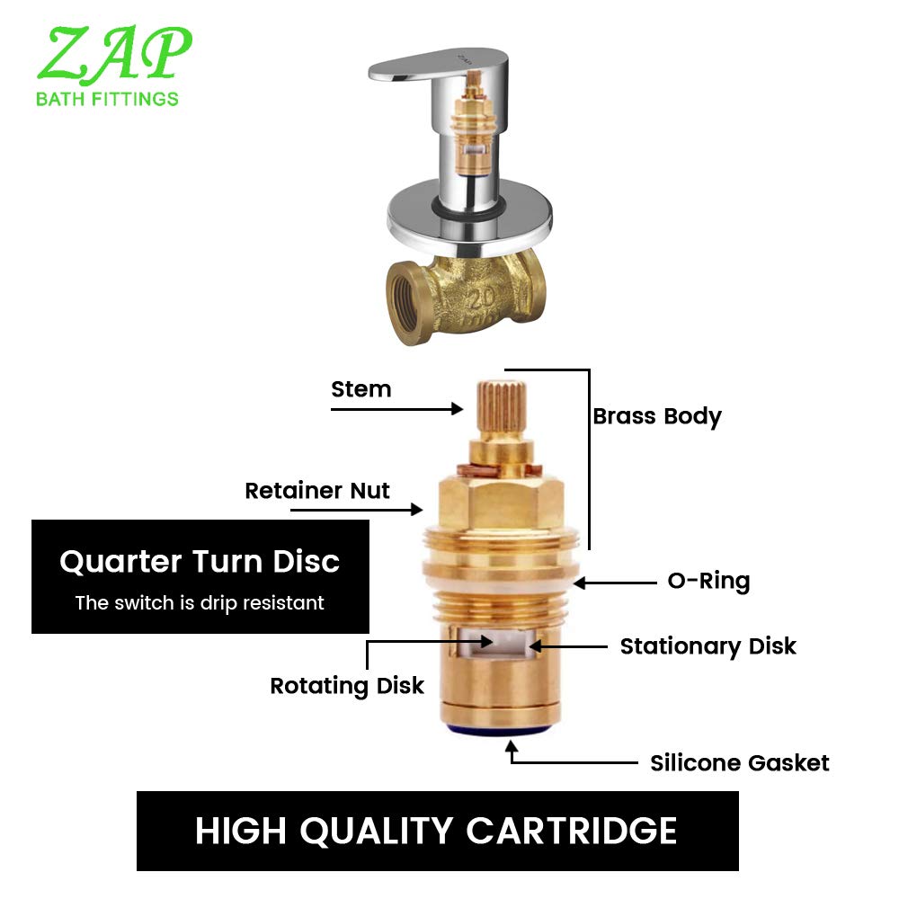 ZAP Pluto Series Concealed Stop Cock | Brass Quarter Turn Valve with Ceramic Disc Cartridge | Ideal for Toilet, Bathroom & Shower Use | 15mm BSP | Chrome Finish | Made in India