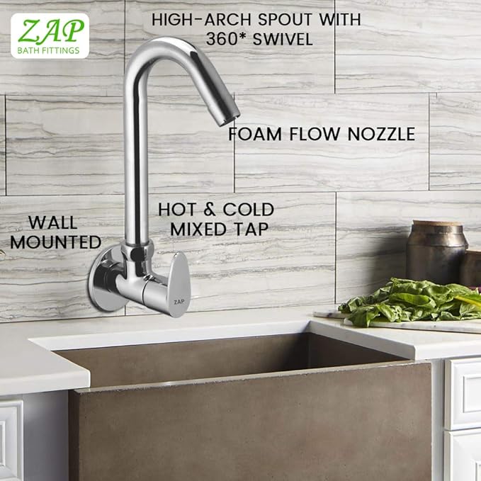 ZAP Pluto Light Wall-Mount Kitchen Sink Tap | Chrome Finish Brass Sink Cock | Easy-to-Use Kitchen Faucet for Home