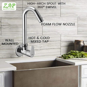 ZAP Pluto Light Wall-Mount Kitchen Sink Tap | Chrome Finish Brass Sink Cock | Easy-to-Use Kitchen Faucet for Home