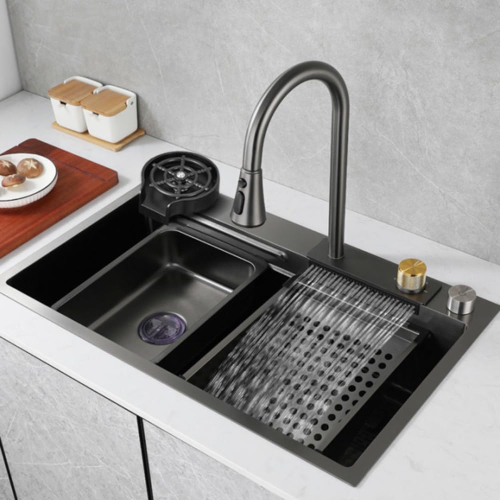 Waterfall 304 SS Kitchen Sink Set with Pull Out Faucet, Chopping Board, Glass Rinser, Soap Dispenser & Strainer, Multi-functional Farmhouse sink with Kitchen Sink Accessories (Chrome, 30x18 Inch)