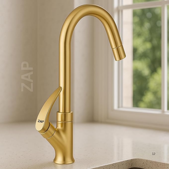 ZAP Rose Gold Swan Neck Kitchen Sink Tap – 360° Swivel Spout, Brass Pillar Faucet for Kitchen & Wash Basin