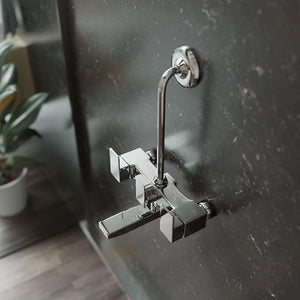 ZAP SKODA Series 100% Full Brass Wall Mixer with Overhead Shower System Set and 125mm Long Bend Pipe for Bathroom | Chrome Finish | Complete Wall Mounted Bath Fitting