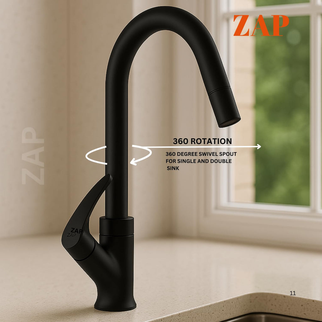 Zap Black Swan Neck Kitchen Sink Tap with 360° Swivel Spout | Premium Pillar Faucet for Kitchen & Wash Basin | Brass Tap for Sink | Sleek Design | Rust-Resistant | Easy Installation