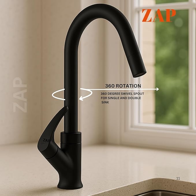 ZAP Rose Gold Swan Neck Kitchen Sink Tap – 360° Swivel Spout, Brass Pillar Faucet for Kitchen & Wash Basin