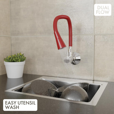 ZAP Brass Sink Cock with Dual Flow – Red Flexible Swivel Spout Kitchen Faucet | Wall Mounted Chrome Finish Tap | Water Saving Aerator | Ideal for Modern Kitchens