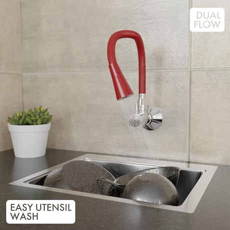 ZAP Elixir Brass Sink Cock | Chrome Finish Kitchen Faucet | Flexible 360° Dual Flow Spout Tap | Wall Mounted | Rust-Resistant | Water Saving Aerator | Ideal for Modular Kitchens (Red)
