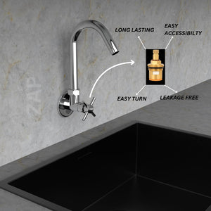 ZAP Caster Wall-Mount Kitchen Sink Tap with 360° Swivel Spout | Chrome Finish Brass Sink Cock with Flange | 7-Year Warranty | Tap for Kitchen Sink & Basin
