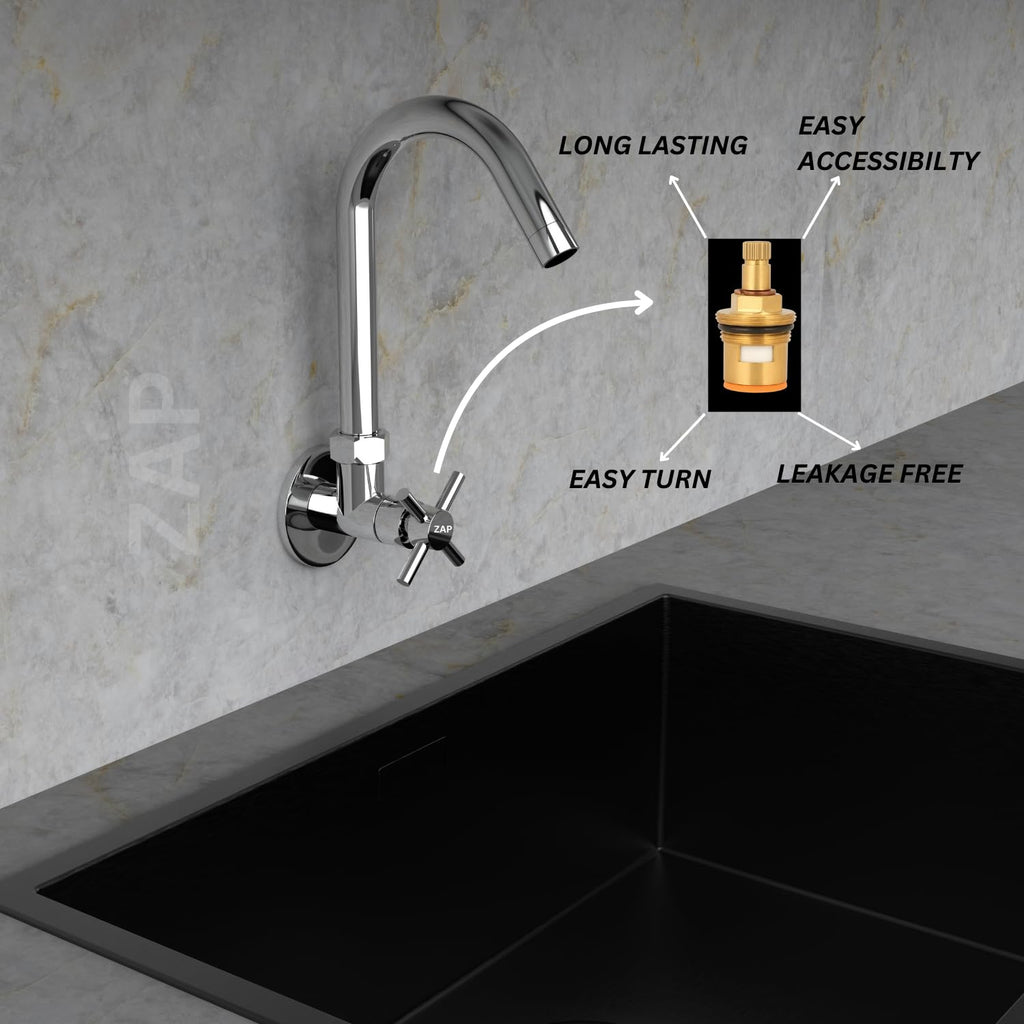 ZAP Caster Wall-Mount Kitchen Sink Tap with 360° Swivel Spout | Chrome Finish Brass Sink Cock with Flange | 7-Year Warranty | Tap for Kitchen Sink & Basin