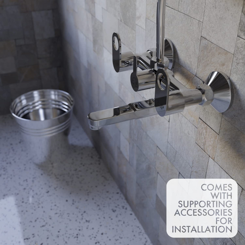 ZAP GEO Series Brass Wall Mixer | Chrome Finish | 2-in-1 Faucet with Overhead Shower Provision & 360° Swivel Bend | Hot & Cold Water Knobs | Wall-Mounted Bathroom Mixer