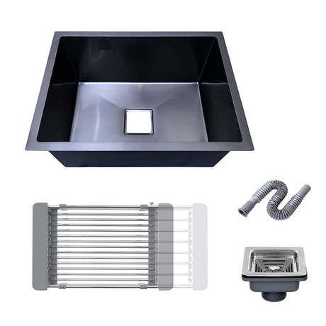 ZAP Black Single Bowl Kitchen Sink 24x18x10 Inch | Tap Hole Included | Dual Water Aerator, Waste Pipe, Sink Drainer Basket & Steel Waste Coupling | Matte Finish SS-304 Sink for Modular Kitchens