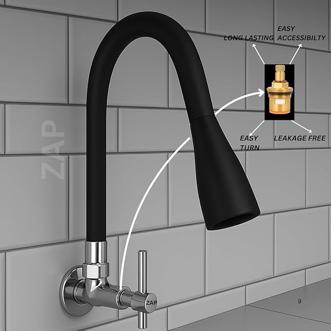 ZAP Terrim Flexible Kitchen Sink Tap with Pull-Down Sprayer | 360° Rotatable Silicone Faucet | Single Flow Water Outlet | Black | Durable Brass Body