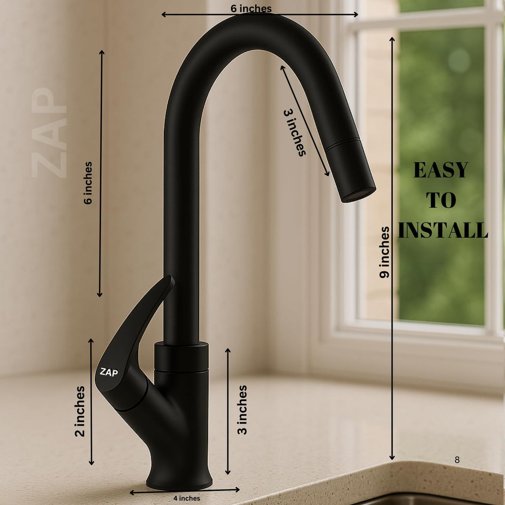 Zap Black Swan Neck Kitchen Sink Tap with 360° Swivel Spout | Premium Pillar Faucet for Kitchen & Wash Basin | Brass Tap for Sink | Sleek Design | Rust-Resistant | Easy Installation