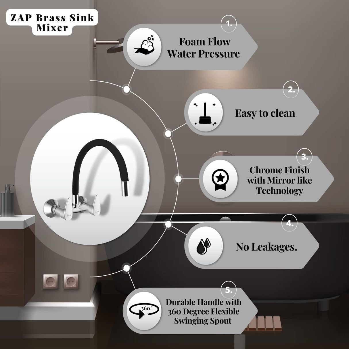 ZAP Elixir 3453 Brass Sink Mixer – Wall Mounted Kitchen Tap with Flexible Silicone Swivel Spout | Hot & Cold Water Faucet | Chrome Finish Sink Mixer for Modular Kitchens