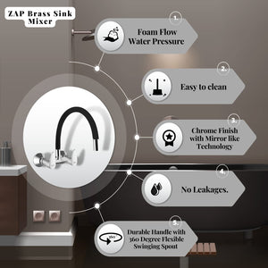 ZAP Elixir 3453 Brass Sink Mixer – Wall Mounted Kitchen Tap with Flexible Silicone Swivel Spout | Hot & Cold Water Faucet | Chrome Finish Sink Mixer for Modular Kitchens