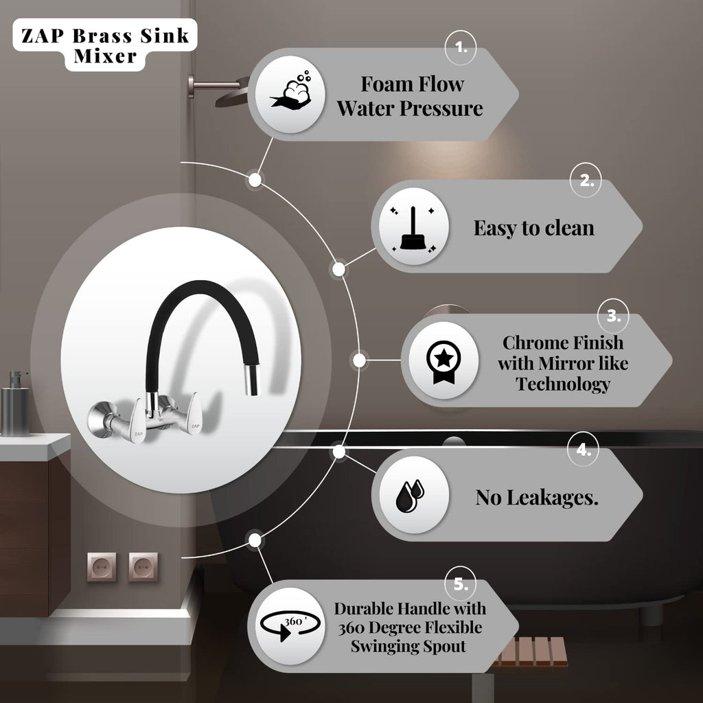 ZAP Elixir 3453 Brass Sink Mixer – Wall Mounted Kitchen Tap with Flexible Silicone Swivel Spout | Hot & Cold Water Faucet | Chrome Finish Sink Mixer for Modular Kitchens