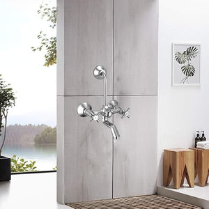 ZAP Caster 100% Brass Wall Mixer Combo Set (Pack of 2) | Chrome Plated Bathroom Fittings | Rust Resistant | With Overhead Shower Provision & Long Bend Pipe