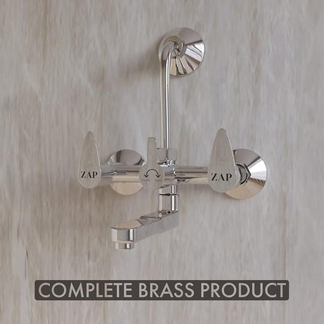 Zap Nova 2 In 1 Brass Wall Mixer with Provision for Overhead Shower and 125 mm Long Bend Pipe – Visible Hot/Cold with Faucet Cleaner Knobs