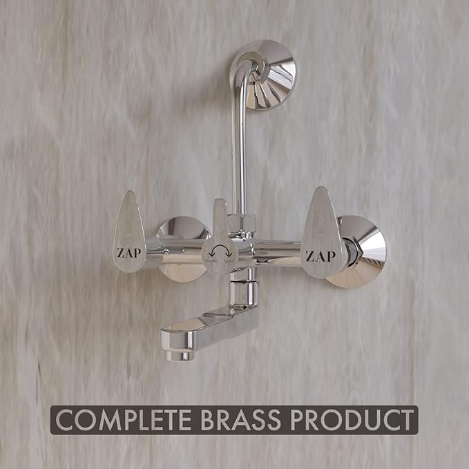 Zap Nova 2 In 1 Brass Wall Mixer with Provision for Overhead Shower and 125 mm Long Bend Pipe – Visible Hot/Cold with Faucet Cleaner Knobs