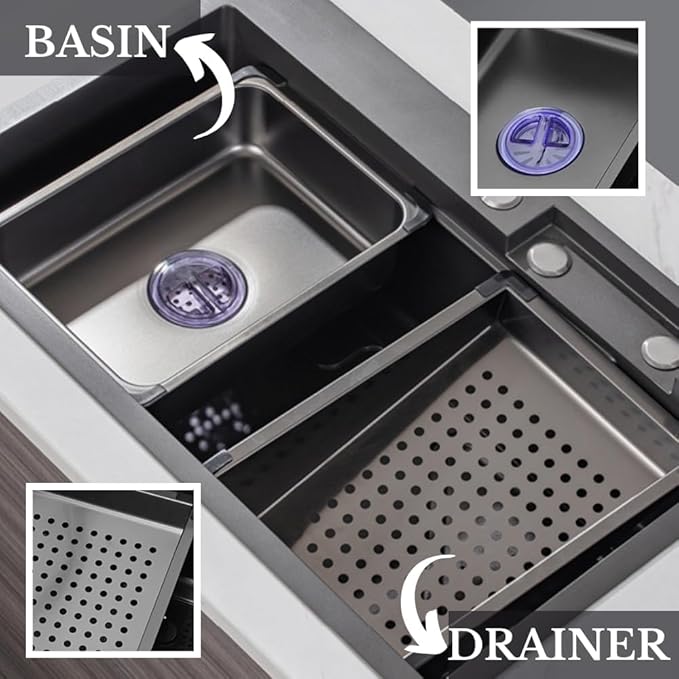 ZAP Waterfall 304 SS Kitchen Sink Set with Pull-Out Faucet, Chopping Board, Glass Rinser, Soap Dispenser & Strainer | Multi-Functional Farmhouse Sink with Accessories | Black, 24x18 Inch