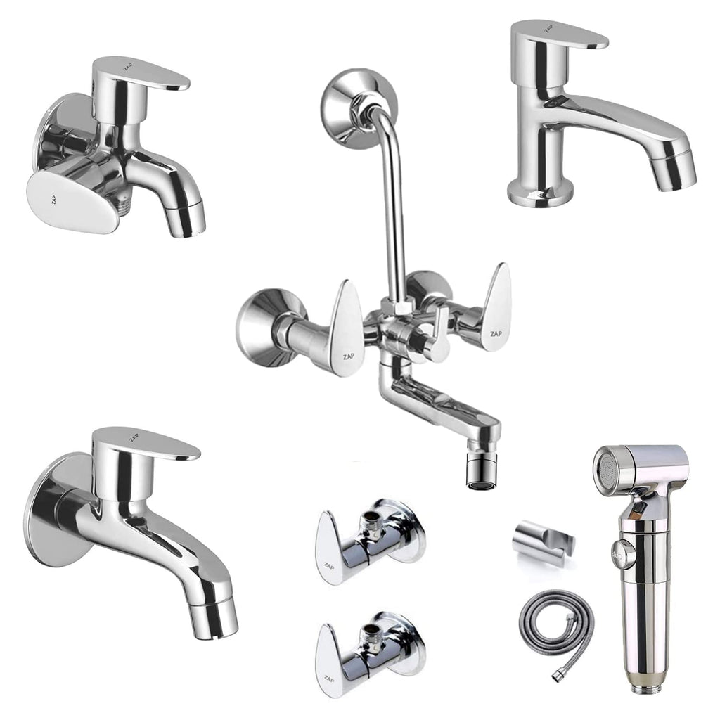 Brezza Series Combo of One 2 in 1 Wall Mixer, 1 Pillar Cock, 1 Long Body Tap, One 2 in 1 Bib Cock, 2 Angle Cock and 1 Health Faucet(Bathroom Accessories, Bath & Shower System)