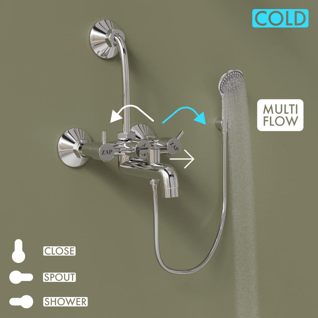 ZAP Elixir Series 100% High Grade Brass 3 in 1 Wall Mixer with Shower Arms & Head | Multi Flow Hand Shower with 1.5 Meter Flexible Tube (Chrome)