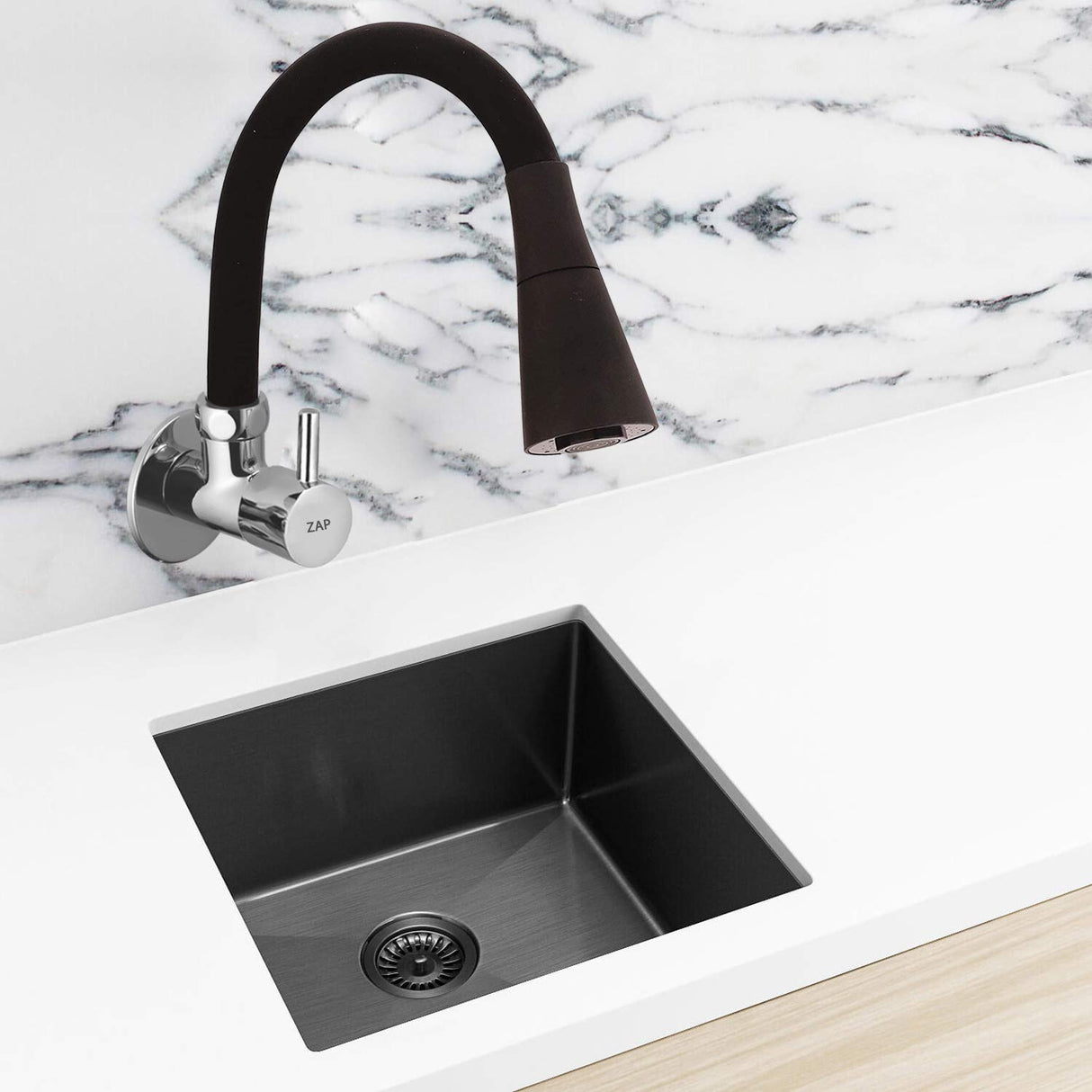 ZAP FX19002 Brass Kitchen Sink Tap – 6.5 Inch Flexible Black Silicone Spout | Dual Flow Swivel Faucet | Black & Chrome Finish | Wall Mounted Hot & Cold Tap