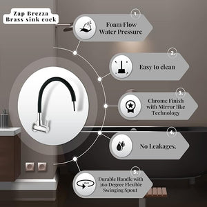 ZAP Pluto Flexible Kitchen Sink Tap with Pull-Down Sprayer | 360° Rotatable Silicone Faucet | Single Flow Water Outlet | Black | Durable Brass Body