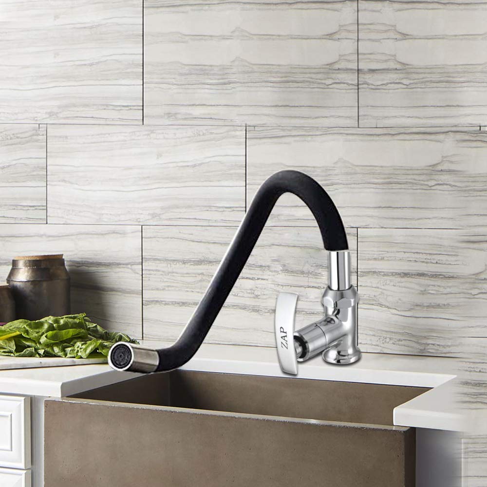 ZAP Soft High Grade Brass Kitchen Tap | Swan Neck Design | 360° Swivel Spout | Single Lever | Flexible Silicone Spout | Rust-Proof | Hot & Cold Mixer | Chrome Finish