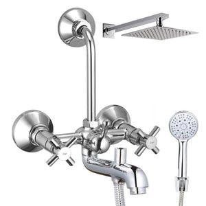 ZAP Deluxe Series 3-in-1 Wall Mixer Tap | 100% Brass Bathroom Fitting with Shower Arms, Overhead Shower, Hand Shower & 1.5m Hose | Chrome Finish | Wall Mounted | Made in India