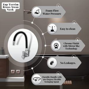 ZAP TERRIM High Grade Brass Kitchen Tap | Swan Neck Design | 360° Swivel Spout | Single Lever | Flexible Silicone Spout | Rust-Proof | Hot & Cold Mixer | Chrome Finish