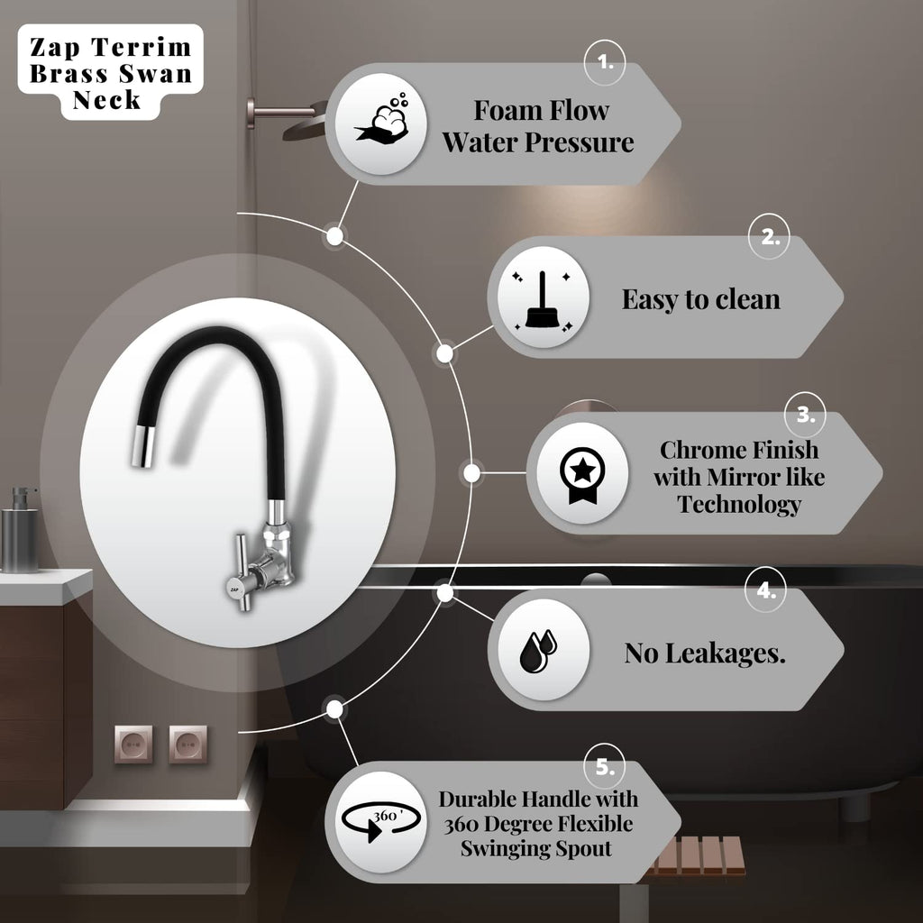 ZAP TERRIM High Grade Brass Kitchen Tap | Swan Neck Design | 360° Swivel Spout | Single Lever | Flexible Silicone Spout | Rust-Proof | Hot & Cold Mixer | Chrome Finish