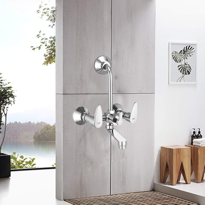 ZAP Brezza Series 2-in-1 Wall Mixer with Crutch | Brass Body with Multi-Flow Hand Shower & 1.5m Flexible Tube | Chrome Finish Deluxe Bathroom Fitting