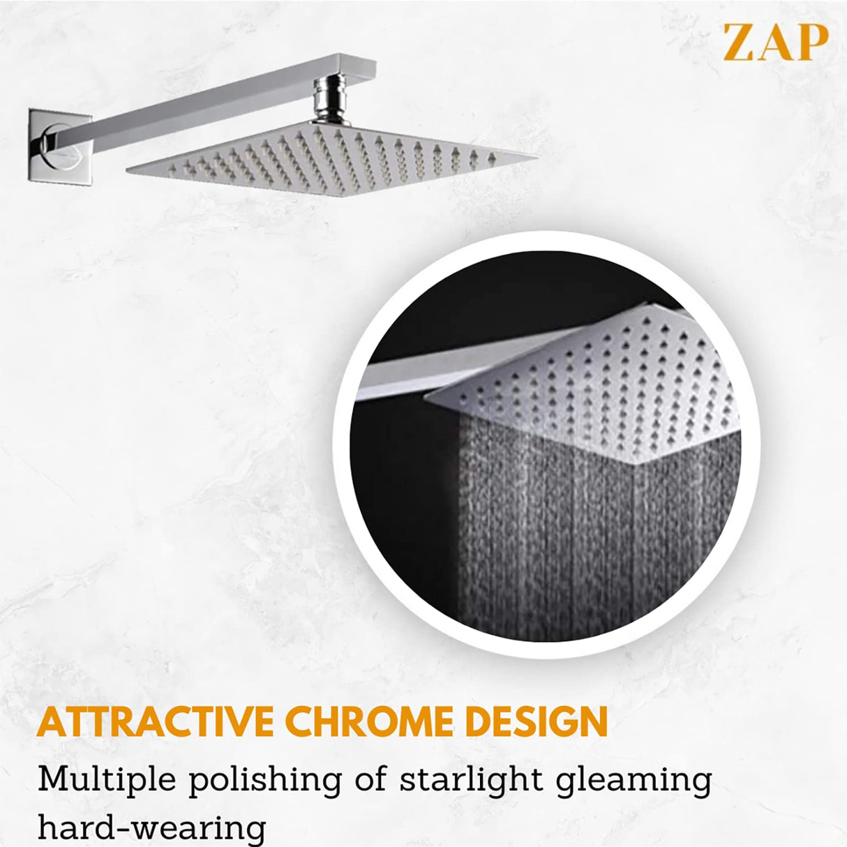 ZAP Combo | Hexa Ultra Square 304 SS Overhead Shower with Rod | ABS Silicone Hand Shower | Flexible Hose Pipe | Wall Hook | High Pressure Rain Shower | Rust-Free Stainless Steel Finish