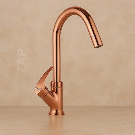 ZAP Gold Swan Neck Kitchen Sink Tap – 360° Swivel Spout, Brass Pillar Faucet for Kitchen & Wash Basin