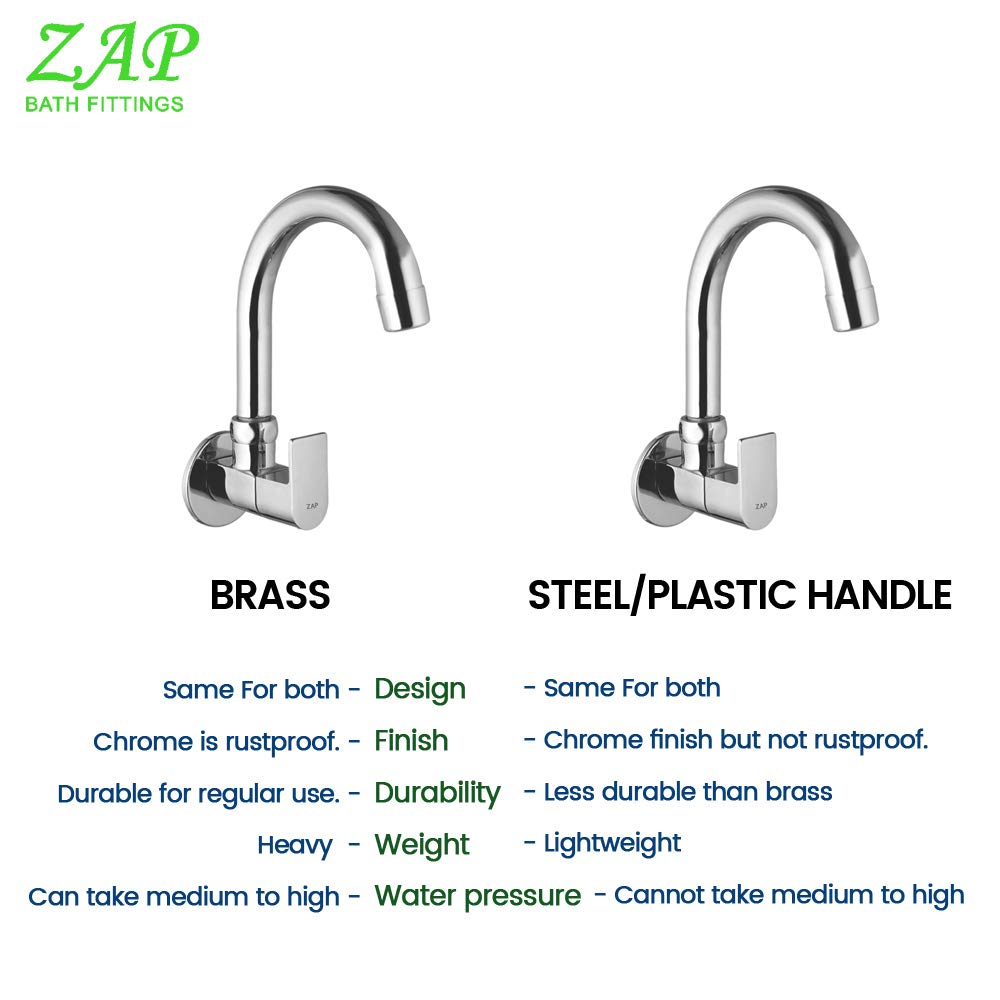 ZAP Bolt Heavy Wall-Mount Kitchen Sink Tap  | Chrome Finish | Durable Brass Sink Cock for Home & Kitchen Use