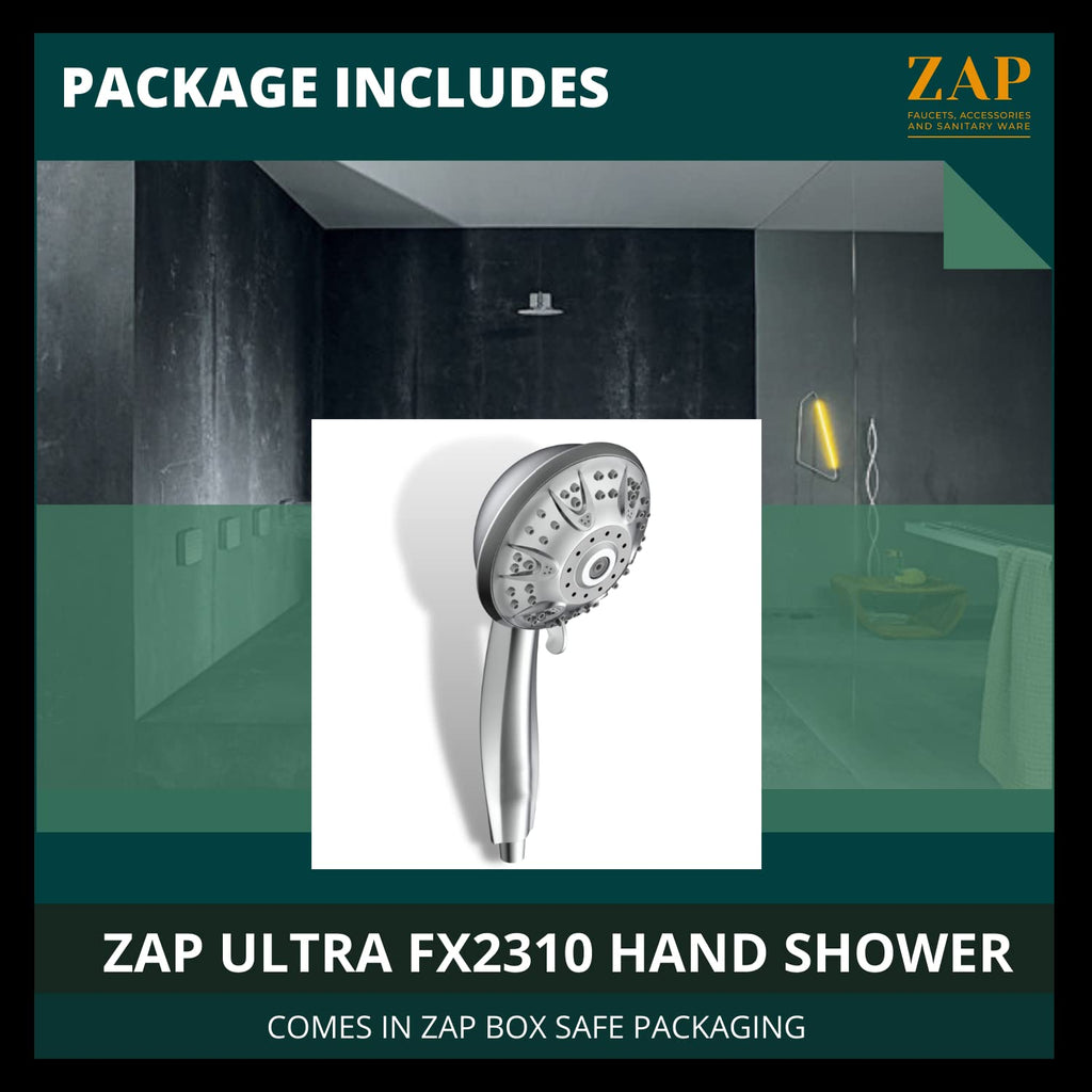 Ultra FX2310 Hand Shower With Silicone Free Nozzles, Stainless Steel Finish, Lightweight, Great Grip, Precise Water Multiflow (Ultra Modern Sleek, Rain, Soft, Massage, Rain & Massage Flow)