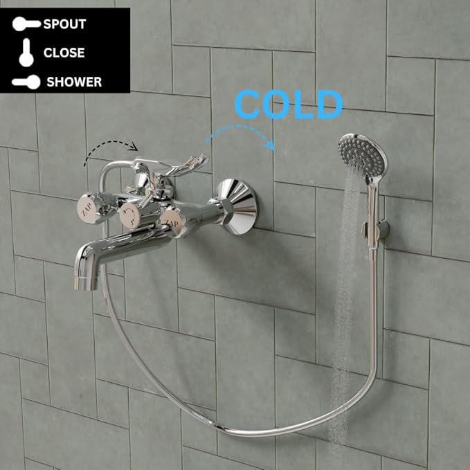 ZAP Continental Series Brass Wall Mixer with Clutch | Multi-Function Hand Shower & 1.5m Flexible Hose Tube | Premium Bathroom Fitting