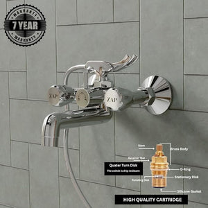 ZAP Continental Series Brass Wall Mixer with Clutch | Multi-Function Hand Shower & 1.5m Flexible Hose Tube | Premium Bathroom Fitting