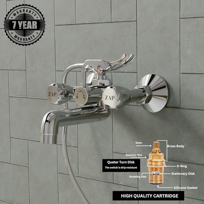 ZAP Continental Series Brass Wall Mixer with Clutch | Multi-Function Hand Shower & 1.5m Flexible Hose Tube | Premium Bathroom Fitting