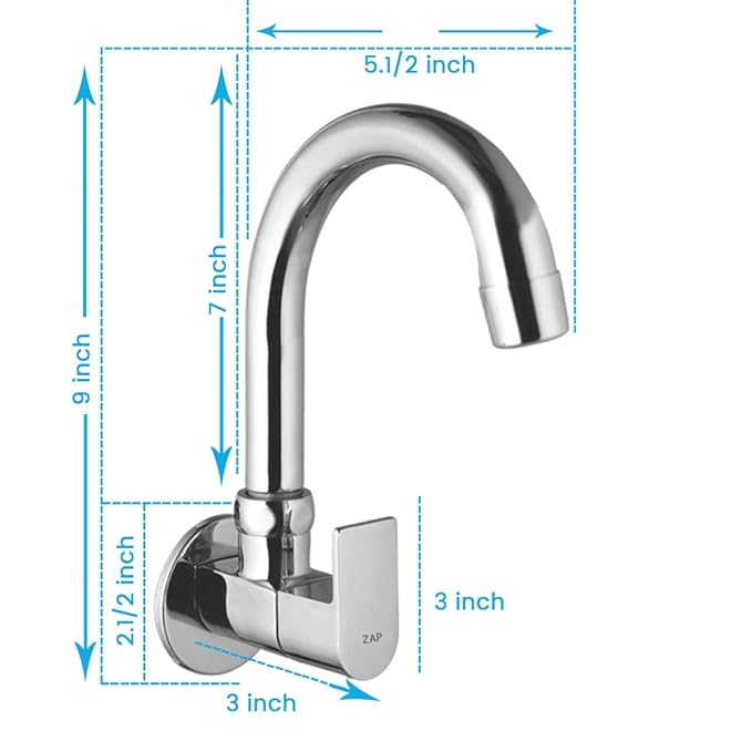 ZAP Bolt Heavy Wall-Mount Kitchen Sink Tap  | Chrome Finish | Durable Brass Sink Cock for Home & Kitchen Use
