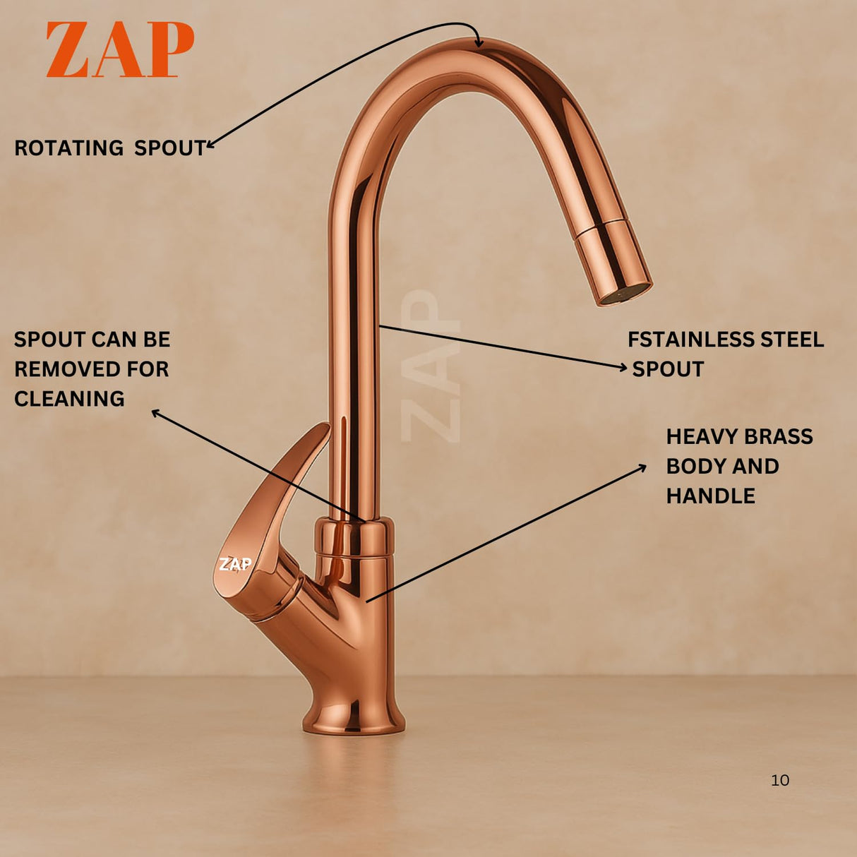 Zap Rose Gold Swan Neck Kitchen Sink Tap with 360° Swivel Spout | Premium Pillar Faucet for Kitchen & Wash Basin | Brass Tap for Sink | Sleek Design | Rust-Resistant | Easy Installation