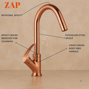 ZAP Rose Gold Swan Neck Kitchen Sink Tap – 360° Swivel Spout, Brass Pillar Faucet for Kitchen & Wash Basin