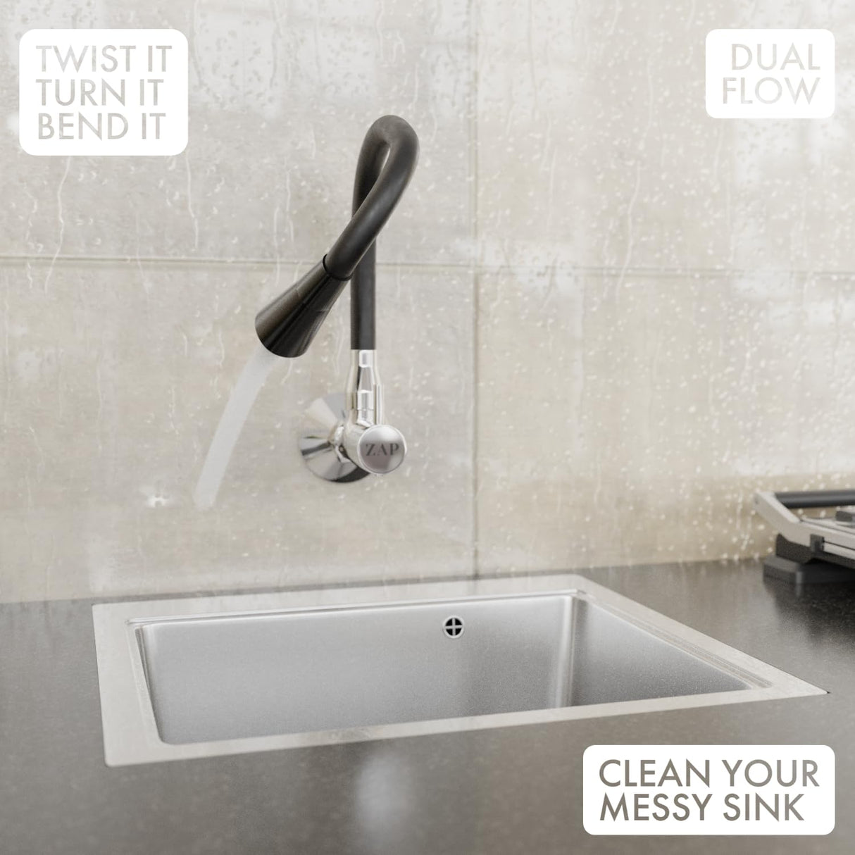 ZAP Wall Mounted Brass Kitchen Faucet – Dual Flow Sink Cock with 360° Swivel Spout | Chrome Finish with Black Accents | Easy Install Tap for Home Kitchen