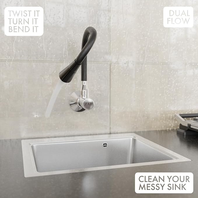 ZAP Elixir Brass Kitchen Sink Cock Faucet | Modern Black & Chrome Finish | 360° Flexible Swivel Spout | Wall Mounted Kitchen Tap | Heavy Duty Brass Body | Dual Flow Stylish Sink Mixer for Modular Kitchens