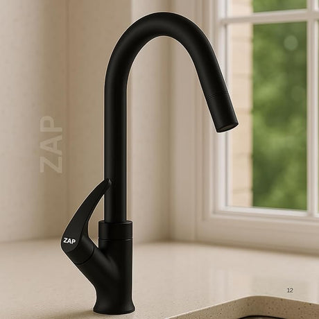 ZAP Gold Swan Neck Kitchen Sink Tap – 360° Swivel Spout, Brass Pillar Faucet for Kitchen & Wash Basin