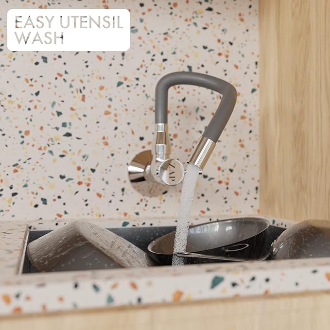 ZAP Elixir Brass Sink Cock | Modern Grey & Chrome Finish Kitchen Faucet | 360° Swivel Spout Tap | Wall Mounted | Rust-Resistant | Dual Flow with Water Saving Aerator | Ideal for Modular Kitchen