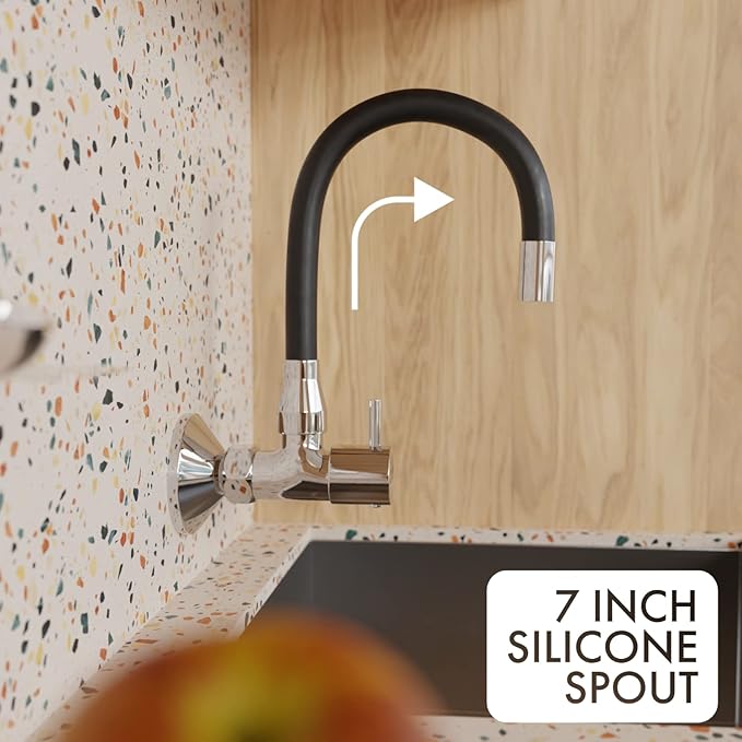 ZAP Elixir Brass Kitchen Sink Cock Faucet | Modern Black & Chrome Finish | 360° Flexible Swivel Spout | Wall Mounted Kitchen Tap | Heavy Duty Brass Body | Stylish Sink Mixer for Modular Kitchens | Single Flow